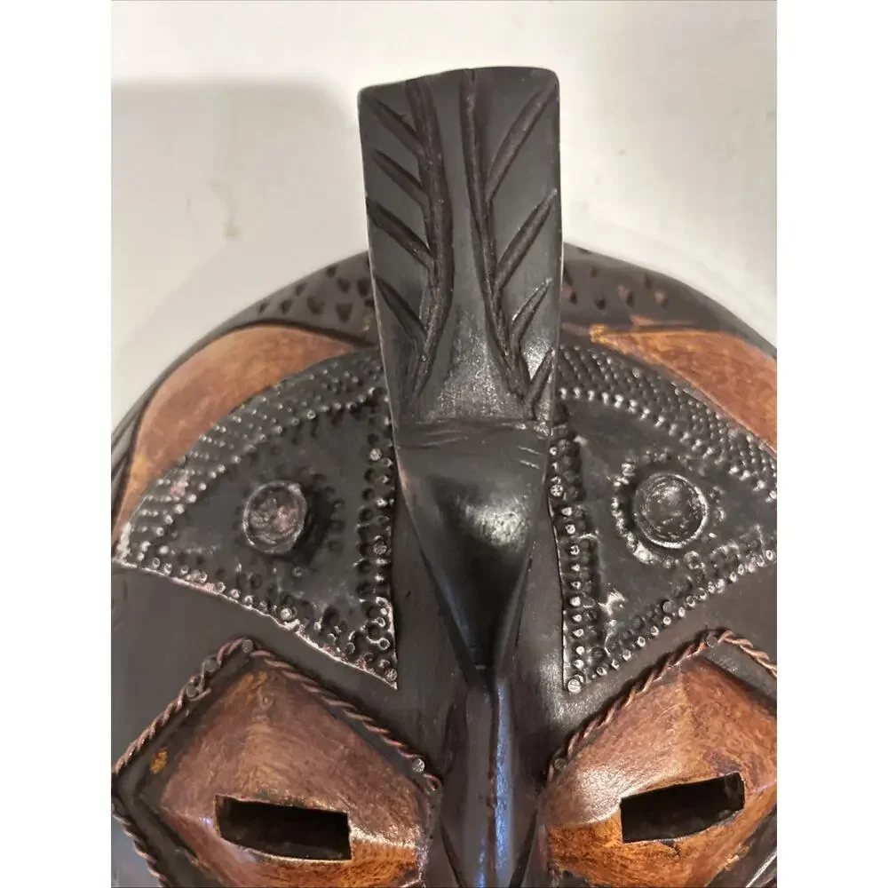 Vintage Hand Carved Wood Tribal Round Face Mask Ghana African Wall Art Mask